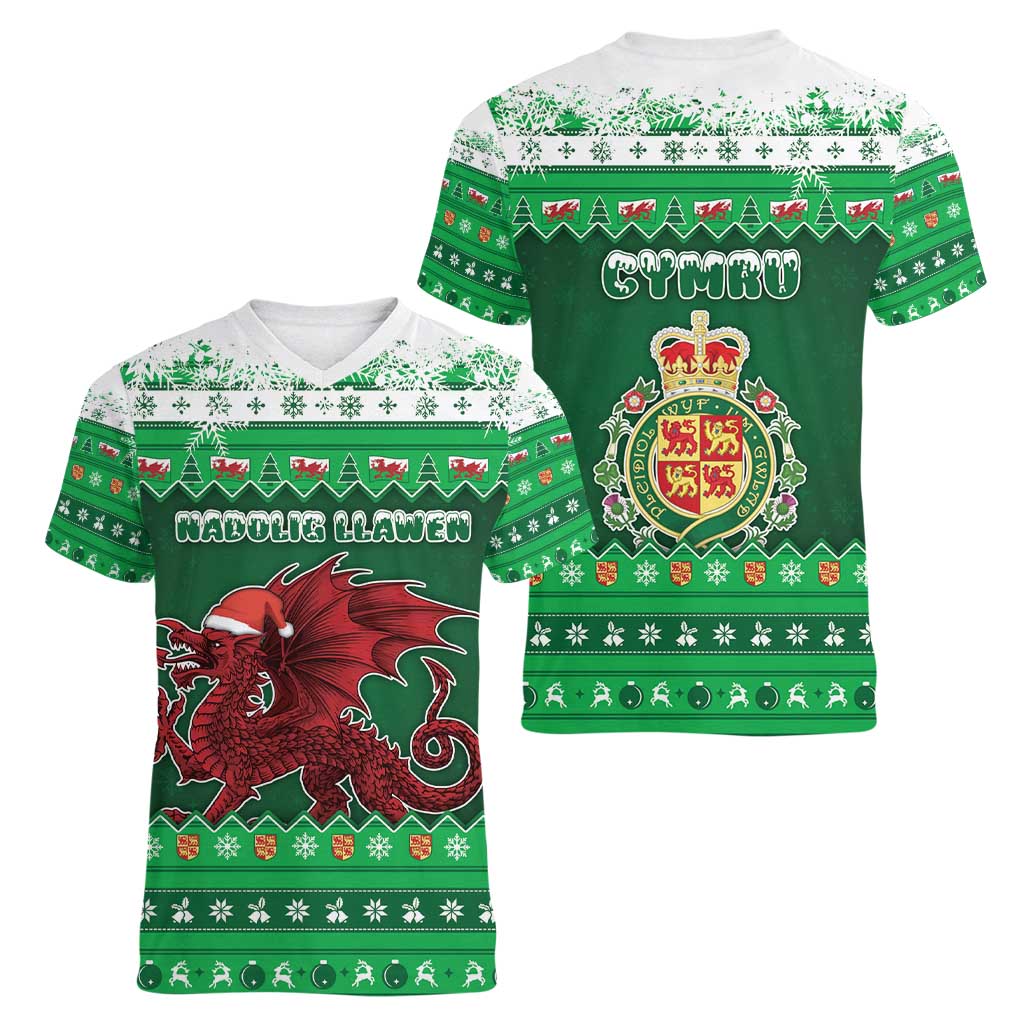 Wales Christmas Women V-Neck T-Shirt Cymru Dragon Nadolig Llawen - Wonder Print Shop