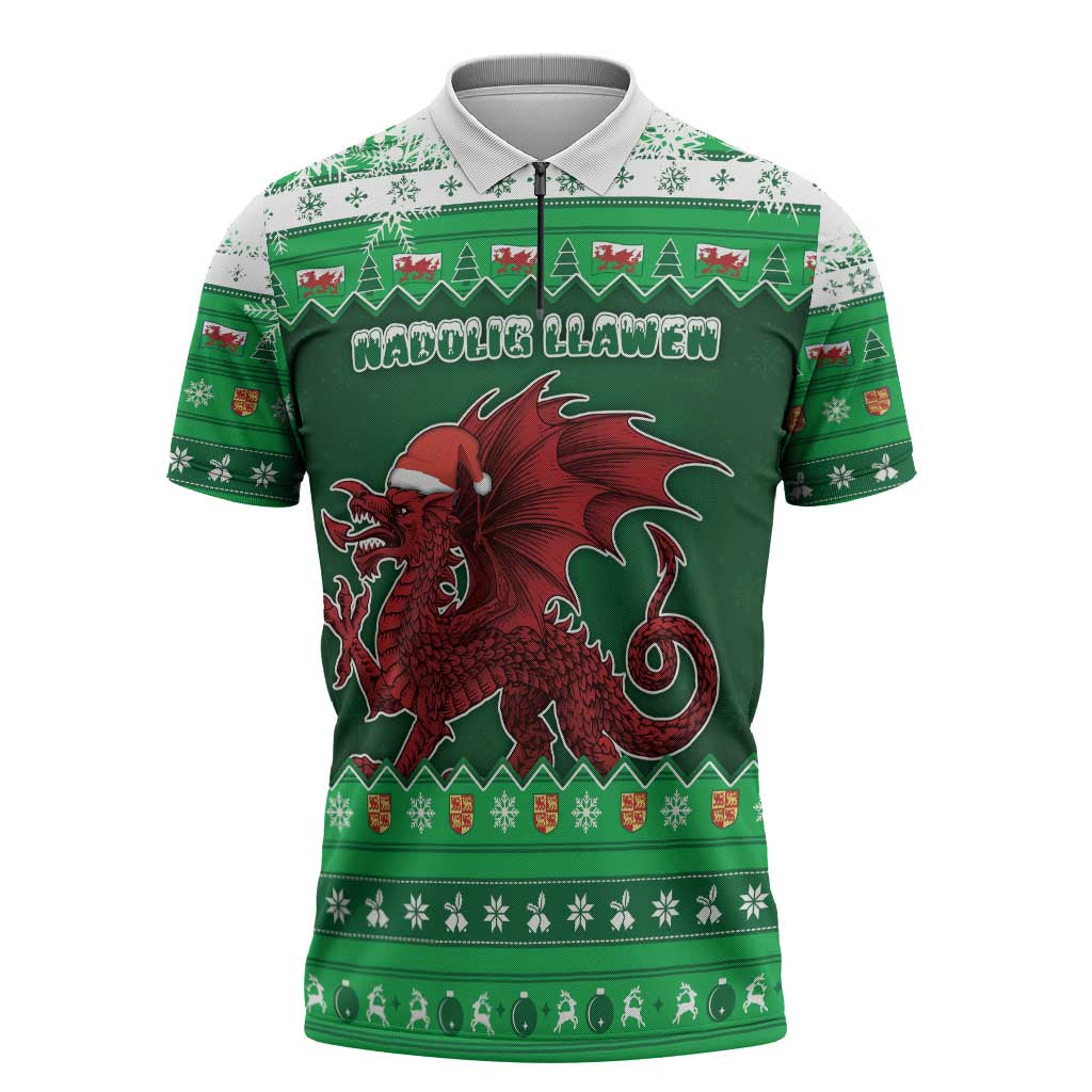 Wales Christmas Zipper Polo Shirt Cymru Dragon Nadolig Llawen - Wonder Print Shop