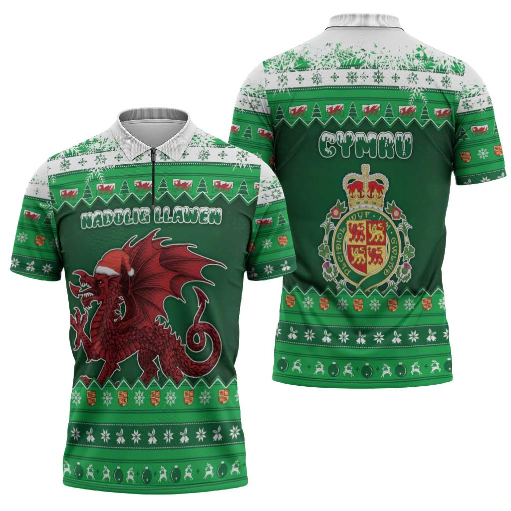 Wales Christmas Zipper Polo Shirt Cymru Dragon Nadolig Llawen - Wonder Print Shop