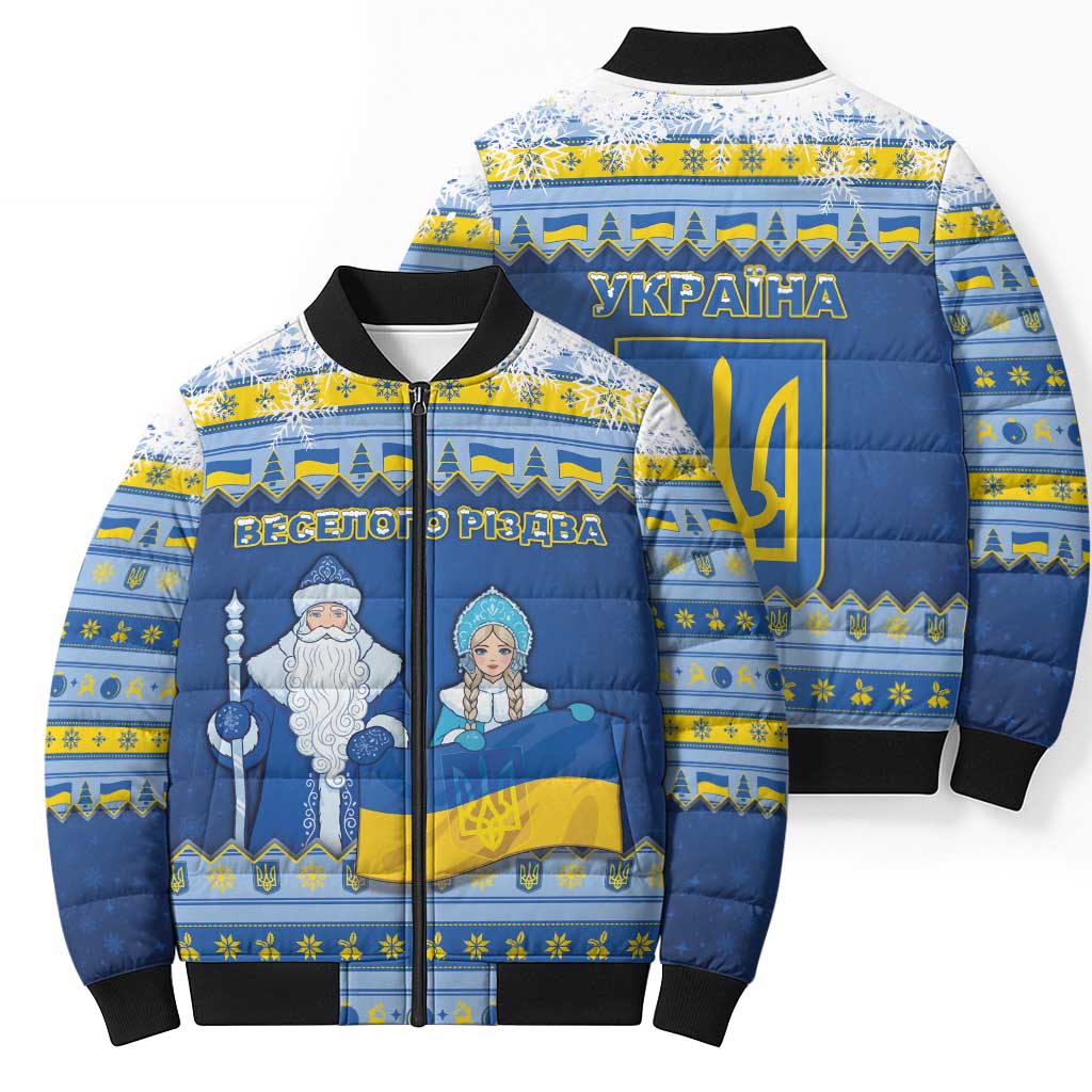 Ukraine Christmas Bomber Puffer Jacket Ded Moroz And Snegurochka - Wonder Print Shop