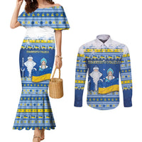 Ukraine Christmas Couples Matching Mermaid Dress and Long Sleeve Button Shirt Ded Moroz And Snegurochka - Wonder Print Shop