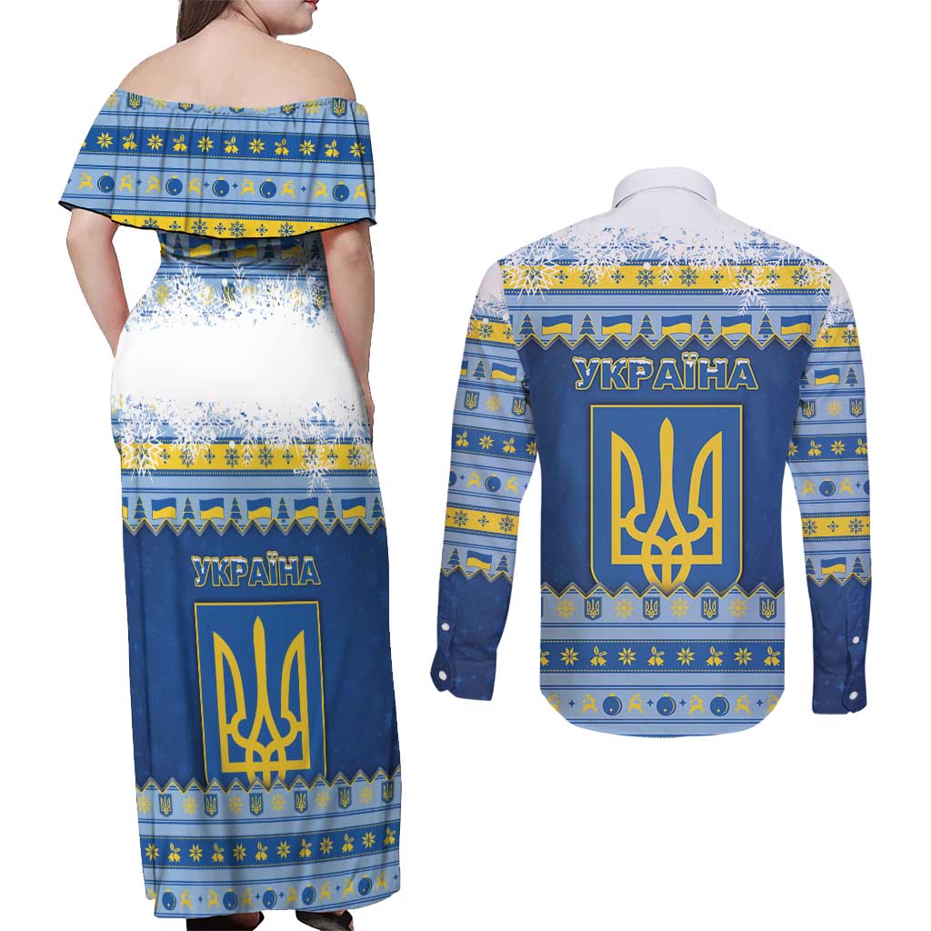 Ukraine Christmas Couples Matching Off Shoulder Maxi Dress and Long Sleeve Button Shirt Ded Moroz And Snegurochka - Wonder Print Shop