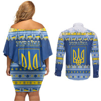Ukraine Christmas Couples Matching Off Shoulder Short Dress and Long Sleeve Button Shirt Ded Moroz And Snegurochka - Wonder Print Shop