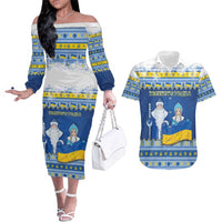 Ukraine Christmas Couples Matching Off The Shoulder Long Sleeve Dress and Hawaiian Shirt Ded Moroz And Snegurochka - Wonder Print Shop