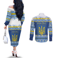 Ukraine Christmas Couples Matching Off The Shoulder Long Sleeve Dress and Long Sleeve Button Shirt Ded Moroz And Snegurochka - Wonder Print Shop