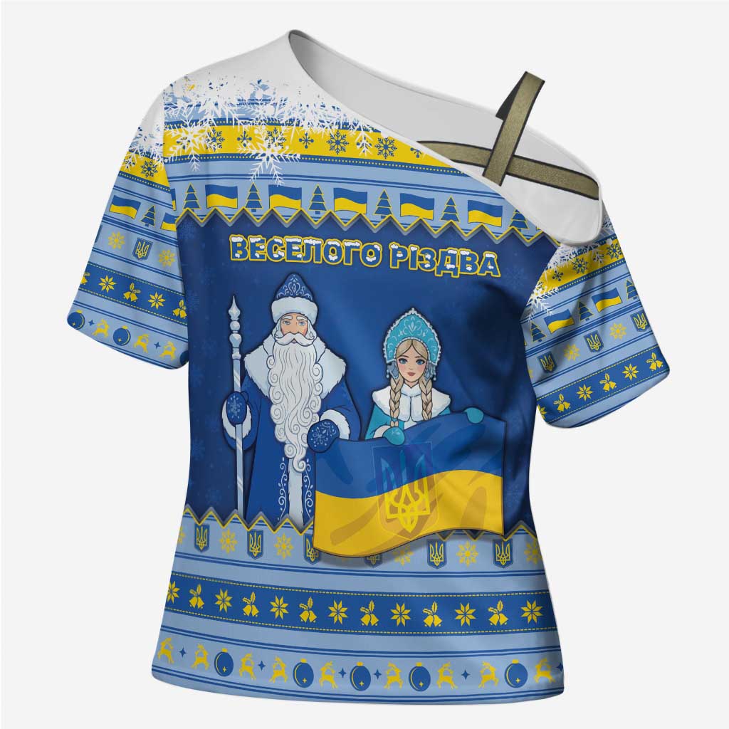 Ukraine Christmas Cross Shoulder Shirt Ded Moroz And Snegurochka - Wonder Print Shop