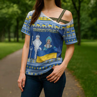 Ukraine Christmas Cross Shoulder Shirt Ded Moroz And Snegurochka - Wonder Print Shop