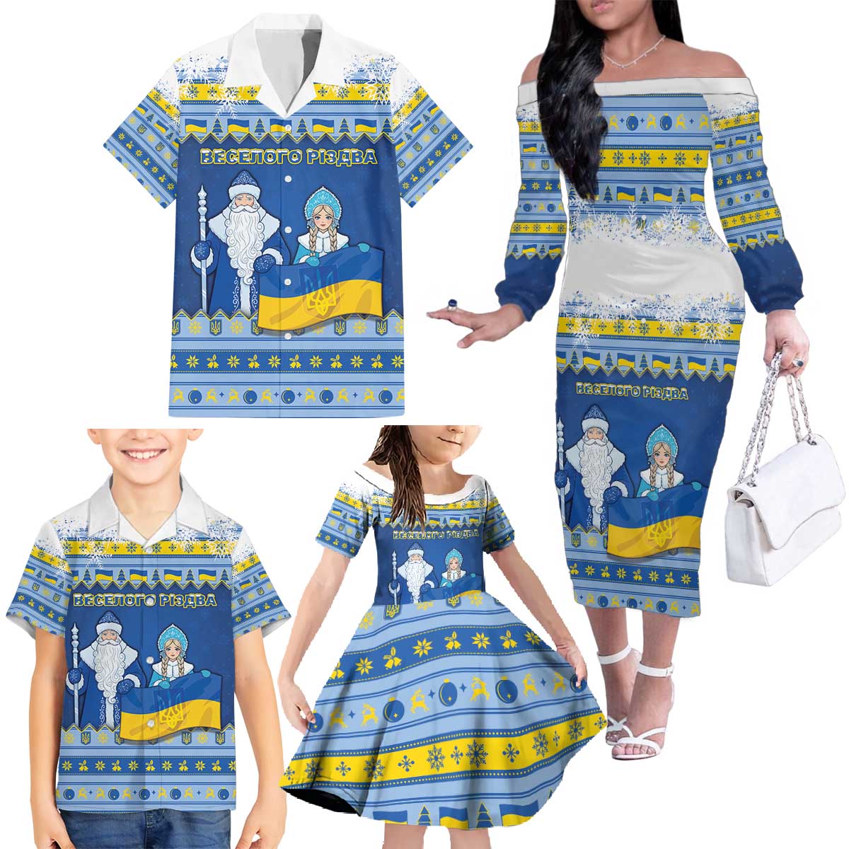 Ukraine Christmas Family Matching Off The Shoulder Long Sleeve Dress and Hawaiian Shirt Ded Moroz And Snegurochka - Wonder Print Shop