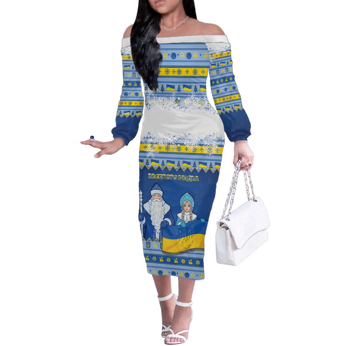 Ukraine Christmas Family Matching Off The Shoulder Long Sleeve Dress and Hawaiian Shirt Ded Moroz And Snegurochka - Wonder Print Shop