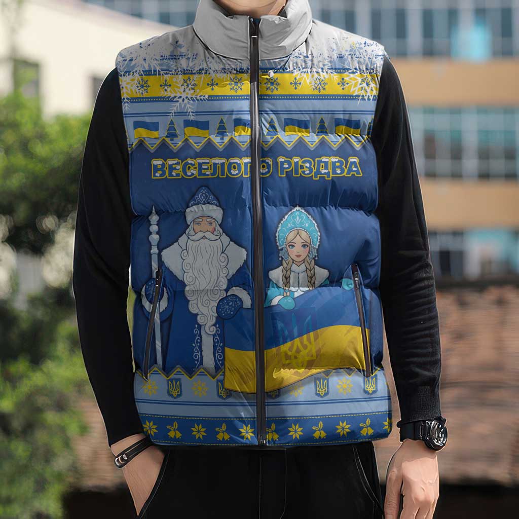 Ukraine Christmas Sleeveless Puffer Jacket Ded Moroz And Snegurochka - Wonder Print Shop