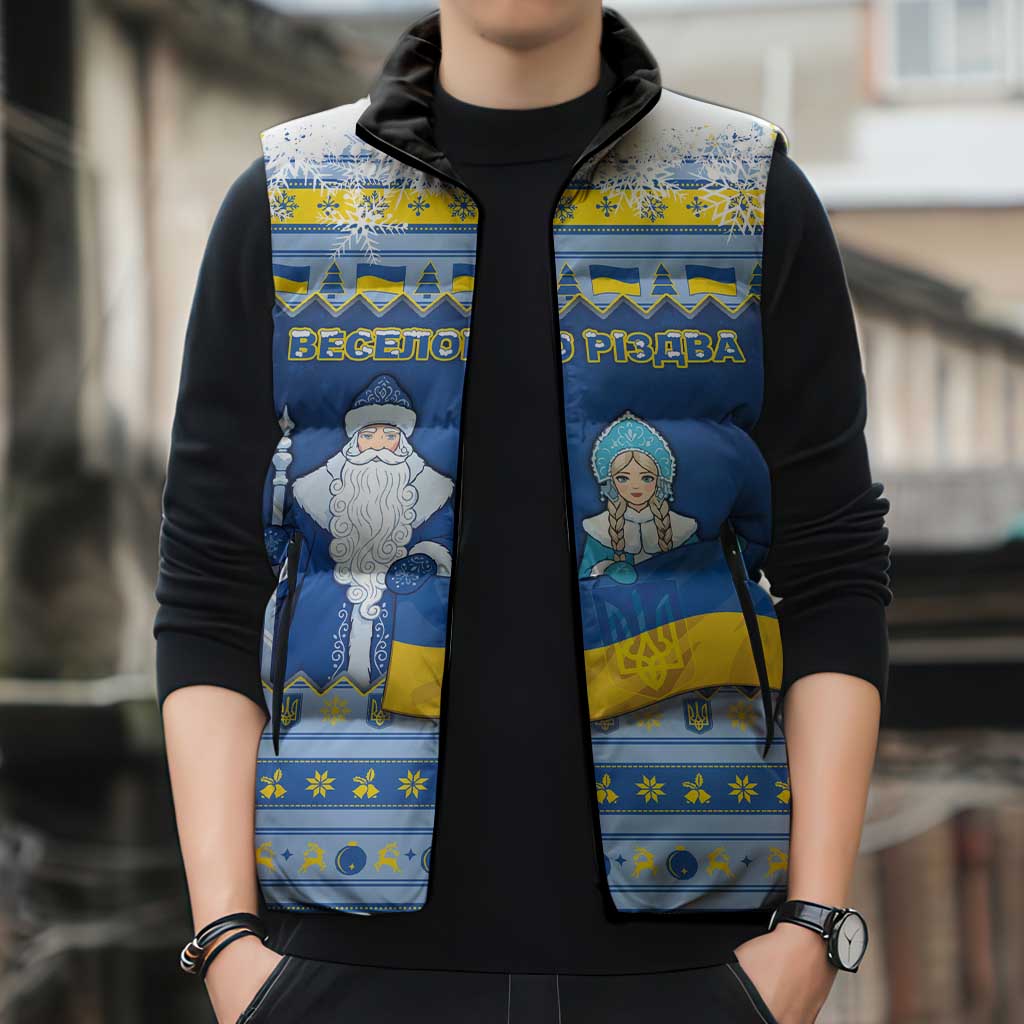 Ukraine Christmas Sleeveless Puffer Jacket Ded Moroz And Snegurochka - Wonder Print Shop