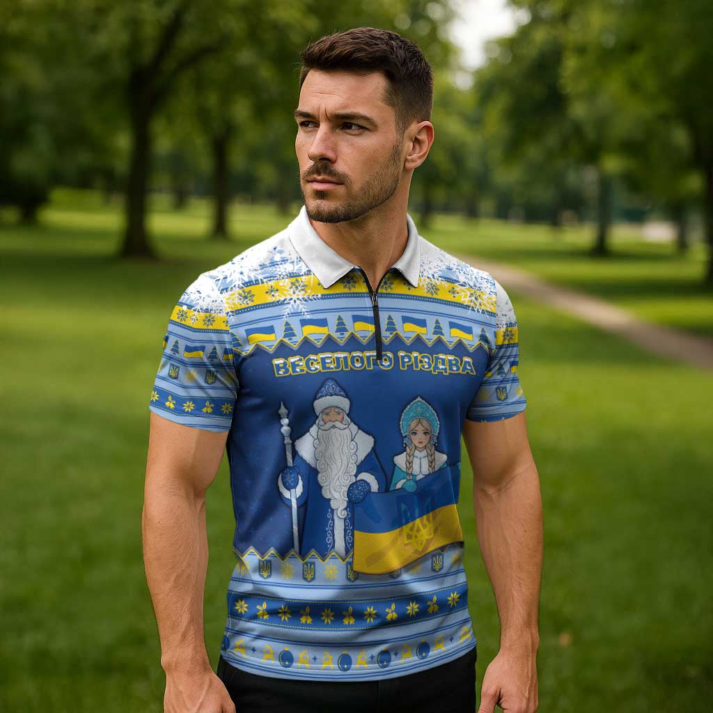 Ukraine Christmas Zipper Polo Shirt Ded Moroz And Snegurochka - Wonder Print Shop