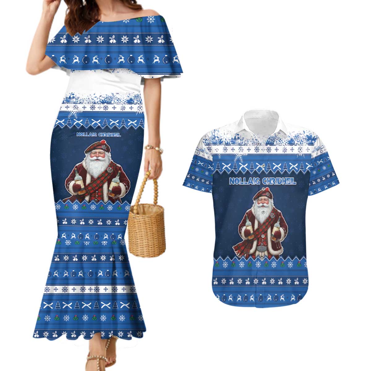 Scotland Christmas Couples Matching Mermaid Dress and Hawaiian Shirt Scottish Santa Claus - Wonder Print Shop