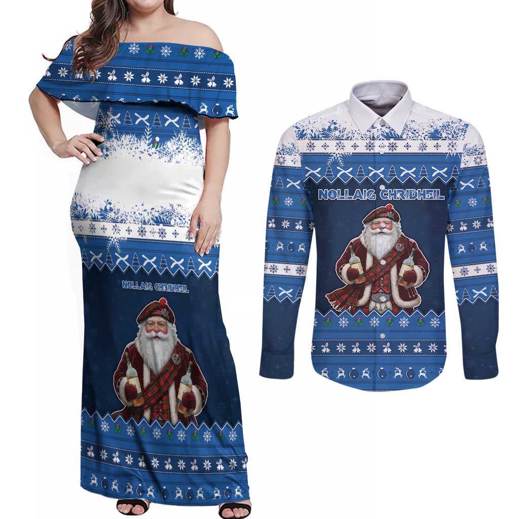 Scotland Christmas Couples Matching Off Shoulder Maxi Dress and Long Sleeve Button Shirt Scottish Santa Claus - Wonder Print Shop