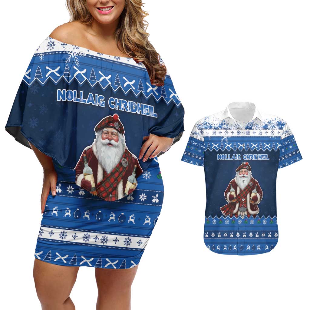 Scotland Christmas Couples Matching Off Shoulder Short Dress and Hawaiian Shirt Scottish Santa Claus - Wonder Print Shop