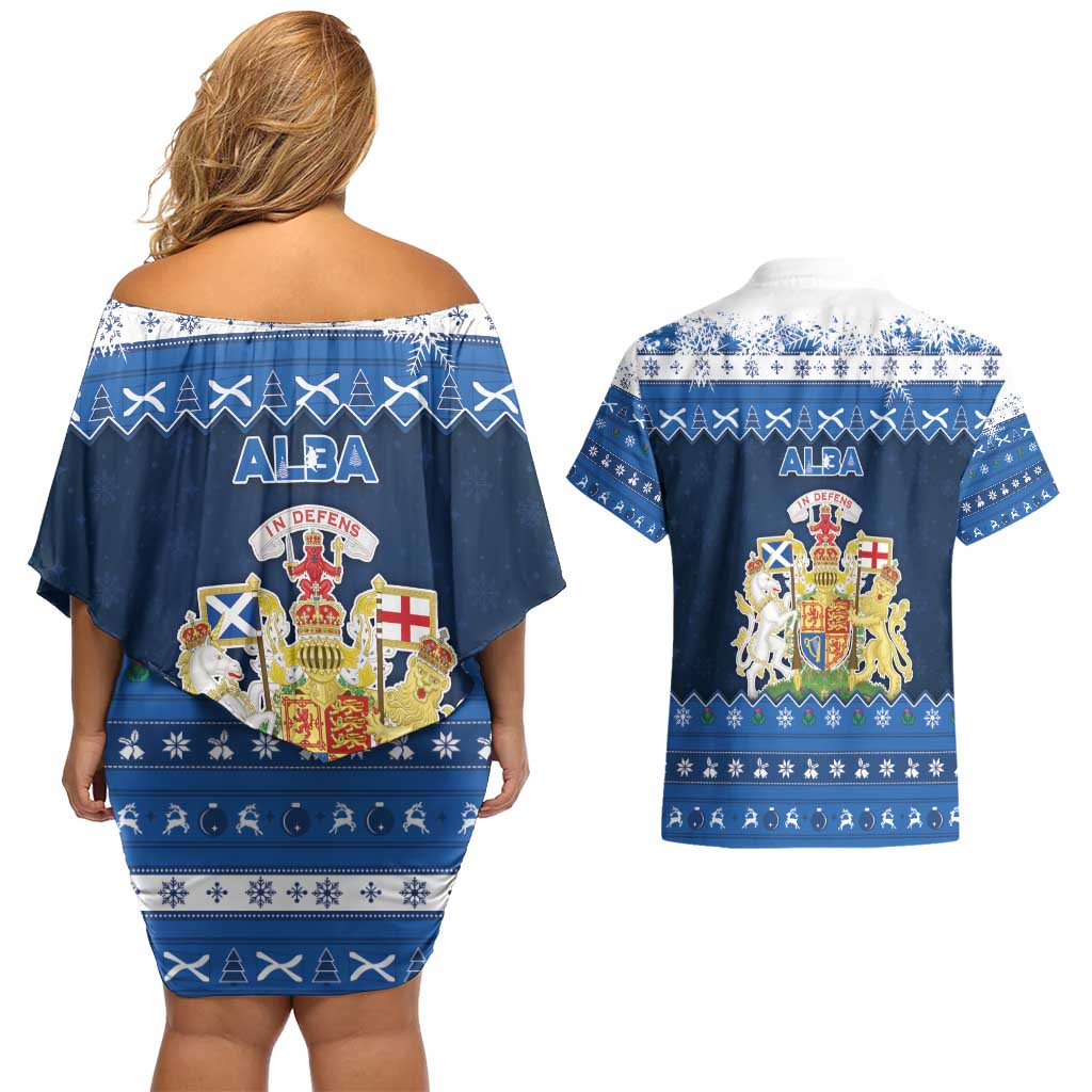 Scotland Christmas Couples Matching Off Shoulder Short Dress and Hawaiian Shirt Scottish Santa Claus - Wonder Print Shop