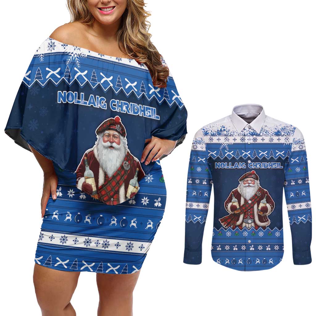 Scotland Christmas Couples Matching Off Shoulder Short Dress and Long Sleeve Button Shirt Scottish Santa Claus - Wonder Print Shop