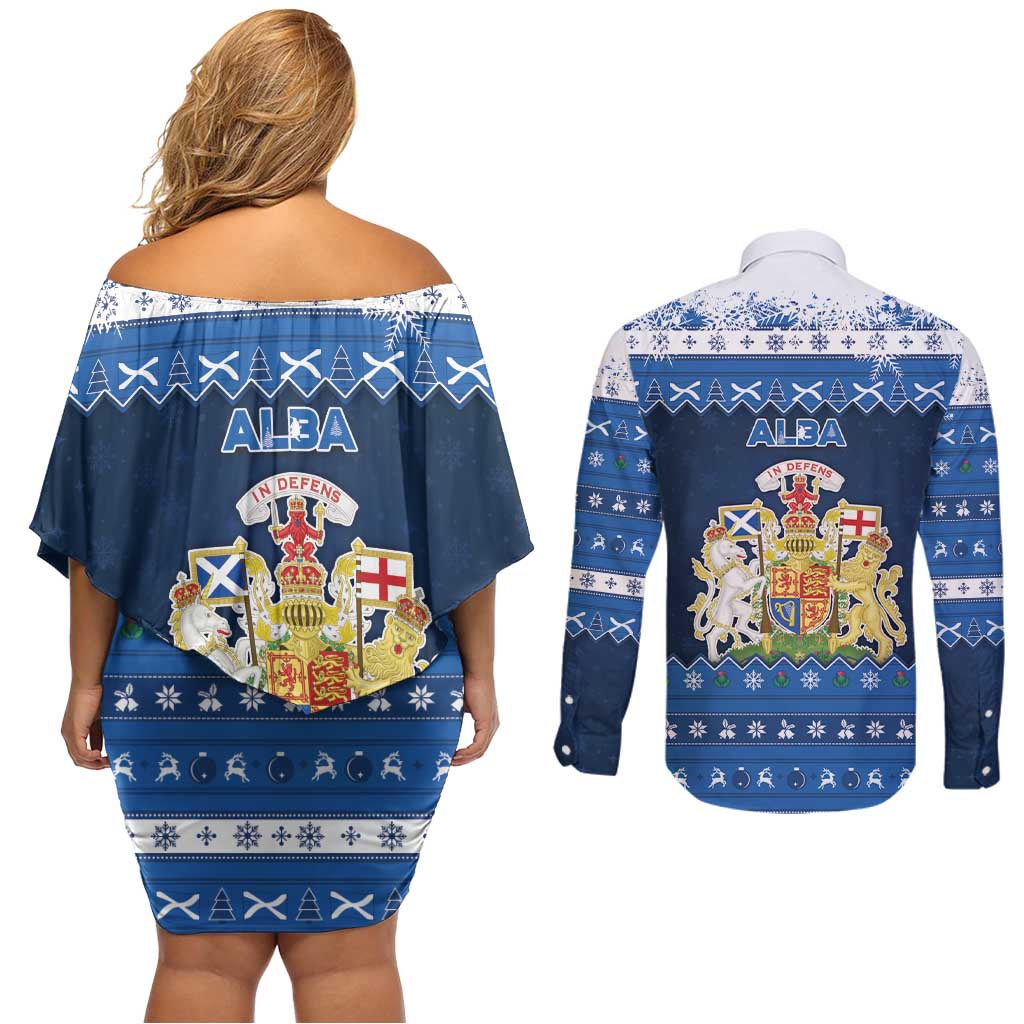 Scotland Christmas Couples Matching Off Shoulder Short Dress and Long Sleeve Button Shirt Scottish Santa Claus - Wonder Print Shop