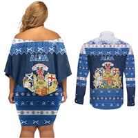 Scotland Christmas Couples Matching Off Shoulder Short Dress and Long Sleeve Button Shirt Scottish Santa Claus - Wonder Print Shop