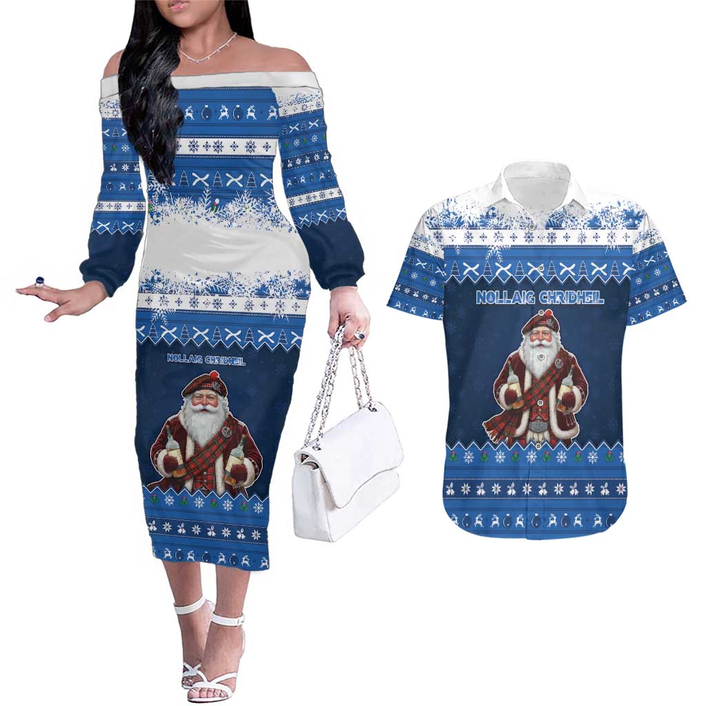 Scotland Christmas Couples Matching Off The Shoulder Long Sleeve Dress and Hawaiian Shirt Scottish Santa Claus - Wonder Print Shop