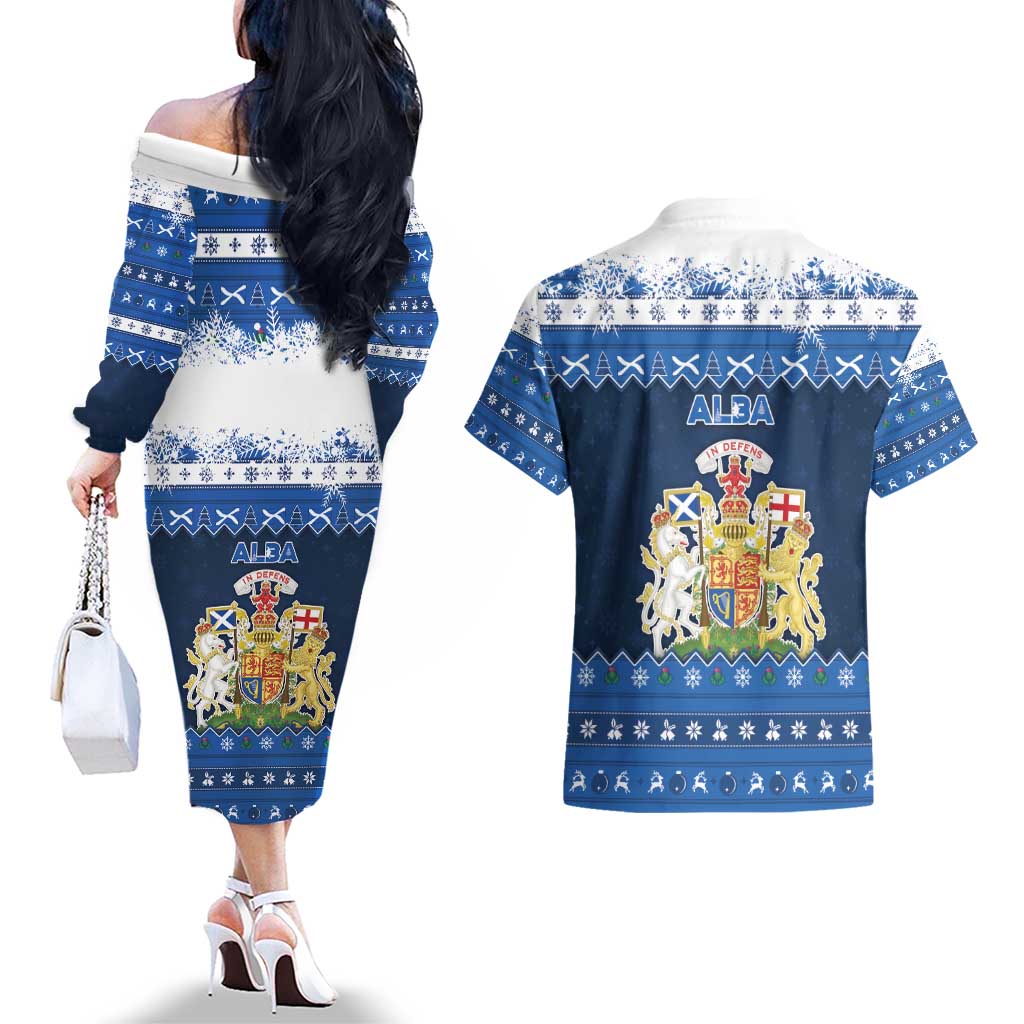 Scotland Christmas Couples Matching Off The Shoulder Long Sleeve Dress and Hawaiian Shirt Scottish Santa Claus - Wonder Print Shop