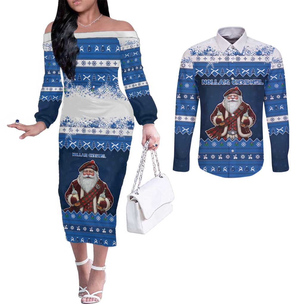 Scotland Christmas Couples Matching Off The Shoulder Long Sleeve Dress and Long Sleeve Button Shirt Scottish Santa Claus - Wonder Print Shop