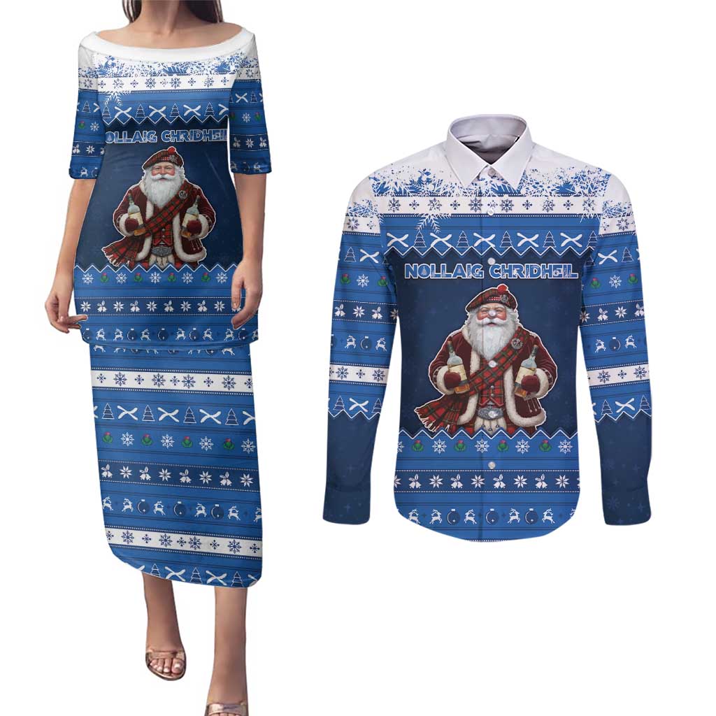 Scotland Christmas Couples Matching Puletasi and Long Sleeve Button Shirt Scottish Santa Claus - Wonder Print Shop
