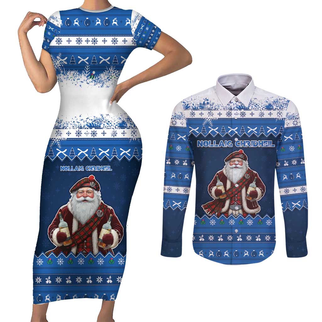 Scotland Christmas Couples Matching Short Sleeve Bodycon Dress and Long Sleeve Button Shirt Scottish Santa Claus - Wonder Print Shop