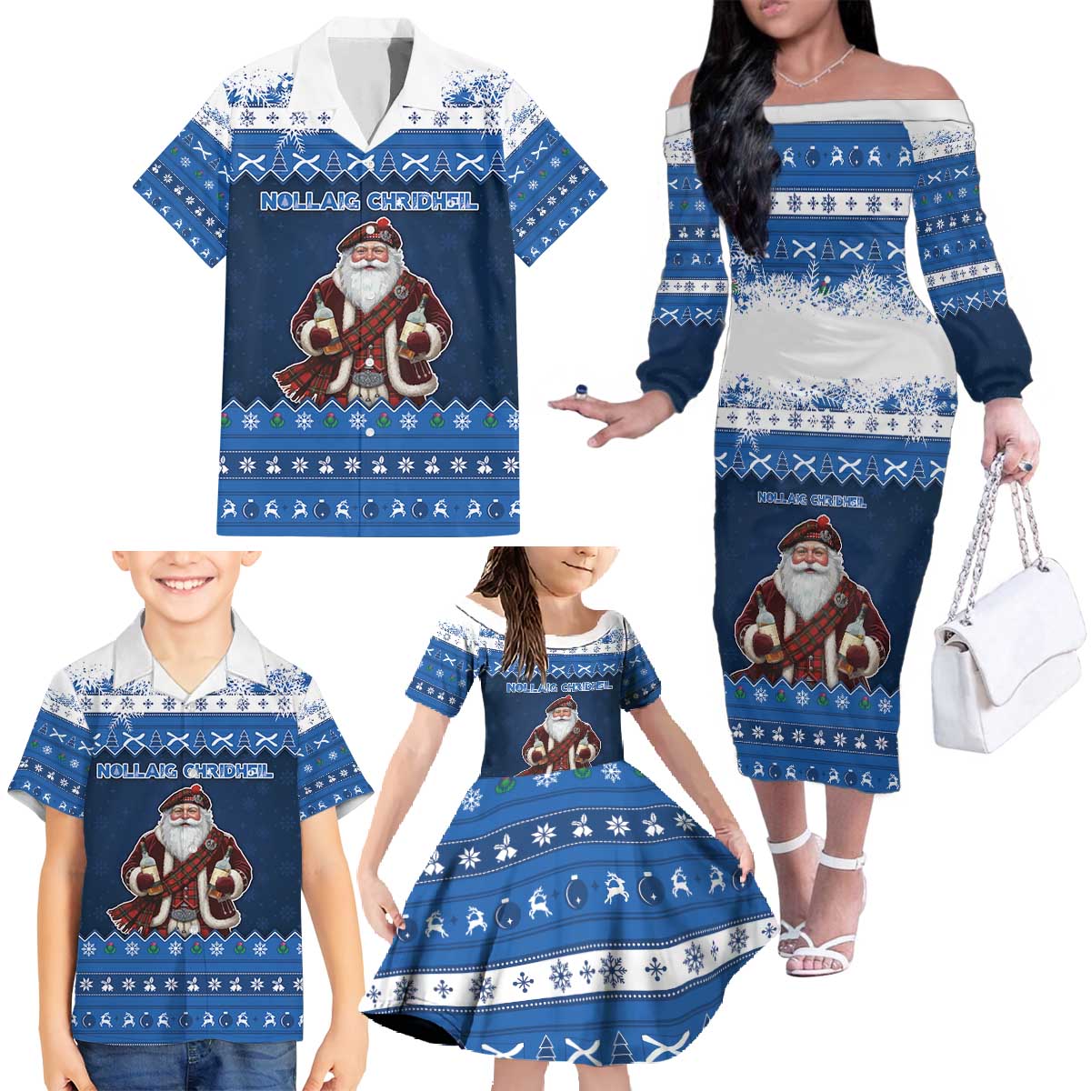 Scotland Christmas Family Matching Off The Shoulder Long Sleeve Dress and Hawaiian Shirt Scottish Santa Claus - Wonder Print Shop