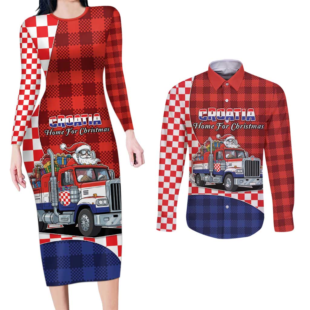 Croatia Christmas Couples Matching Long Sleeve Bodycon Dress and Long Sleeve Button Shirt Santa Claus Drives Home With Gifts - Wonder Print Shop