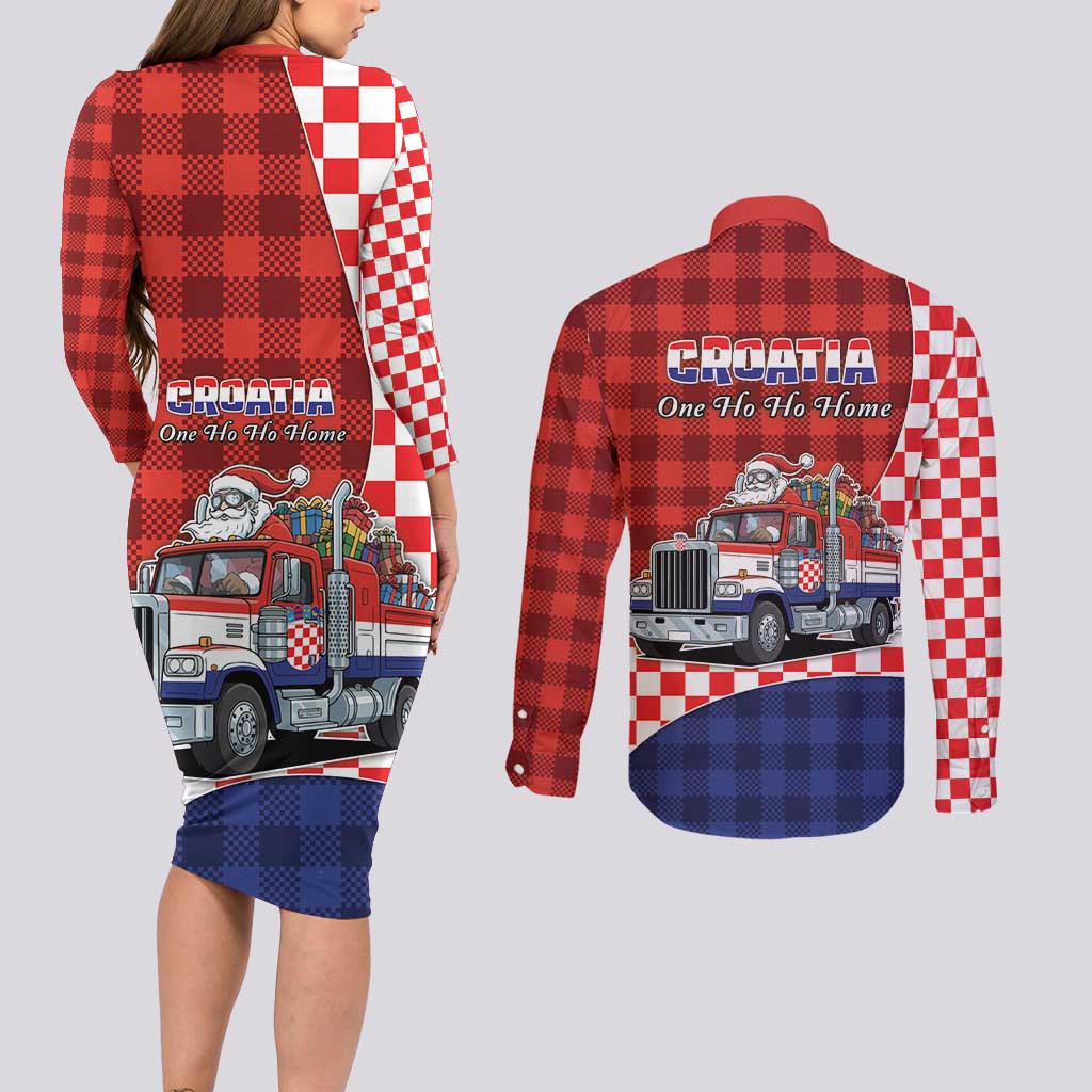 Croatia Christmas Couples Matching Long Sleeve Bodycon Dress and Long Sleeve Button Shirt Santa Claus Drives Home With Gifts - Wonder Print Shop