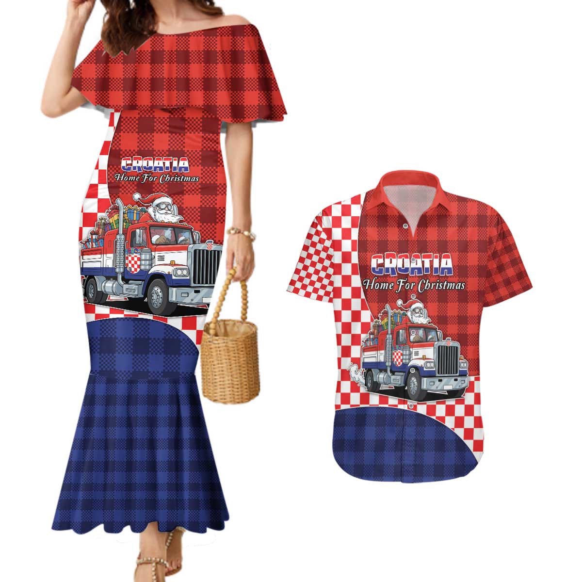 Croatia Christmas Couples Matching Mermaid Dress and Hawaiian Shirt Santa Claus Drives Home With Gifts - Wonder Print Shop