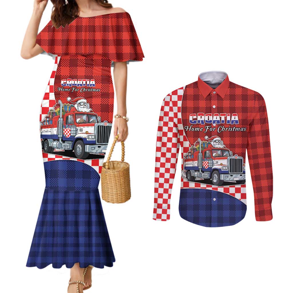Croatia Christmas Couples Matching Mermaid Dress and Long Sleeve Button Shirt Santa Claus Drives Home With Gifts - Wonder Print Shop