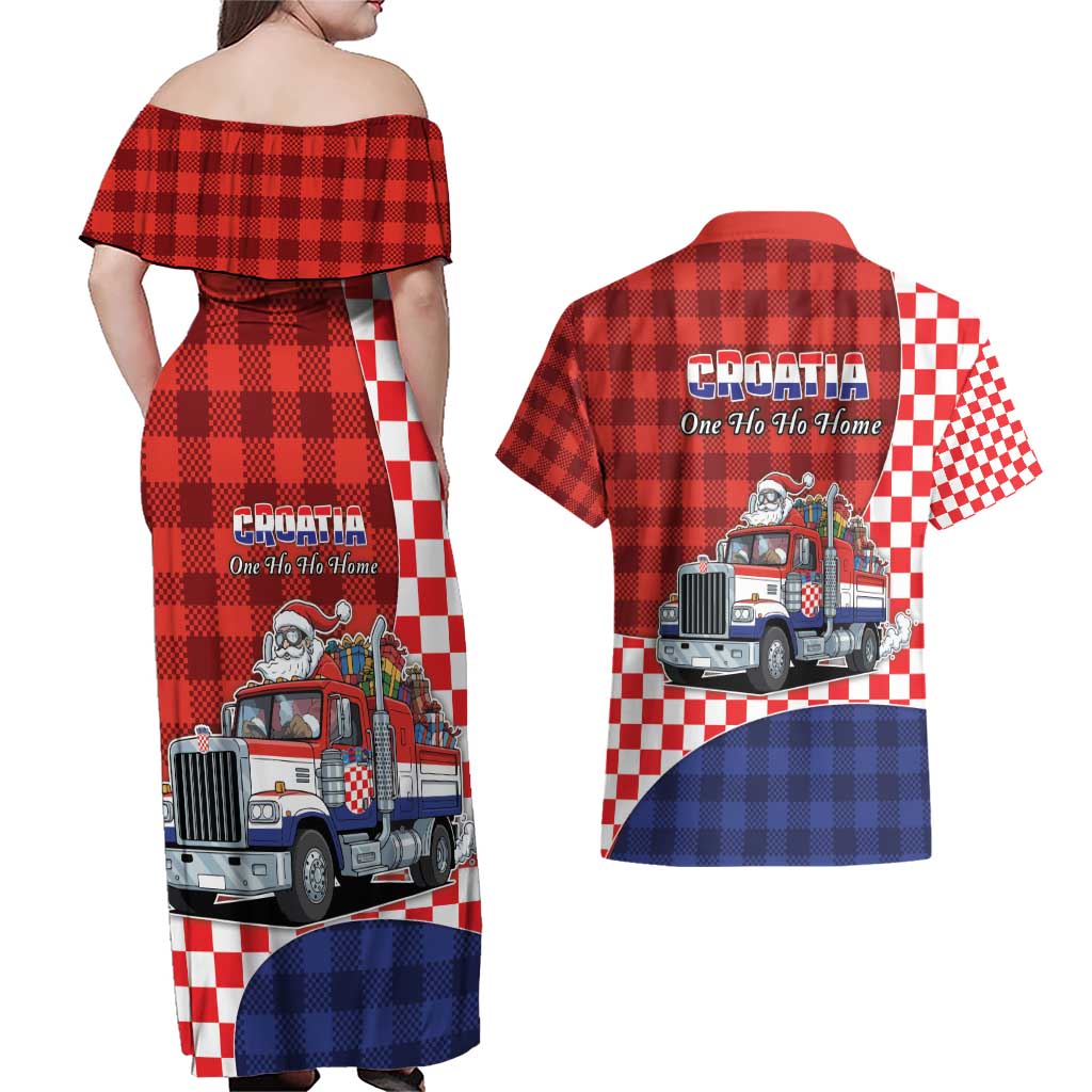 Croatia Christmas Couples Matching Off Shoulder Maxi Dress and Hawaiian Shirt Santa Claus Drives Home With Gifts - Wonder Print Shop