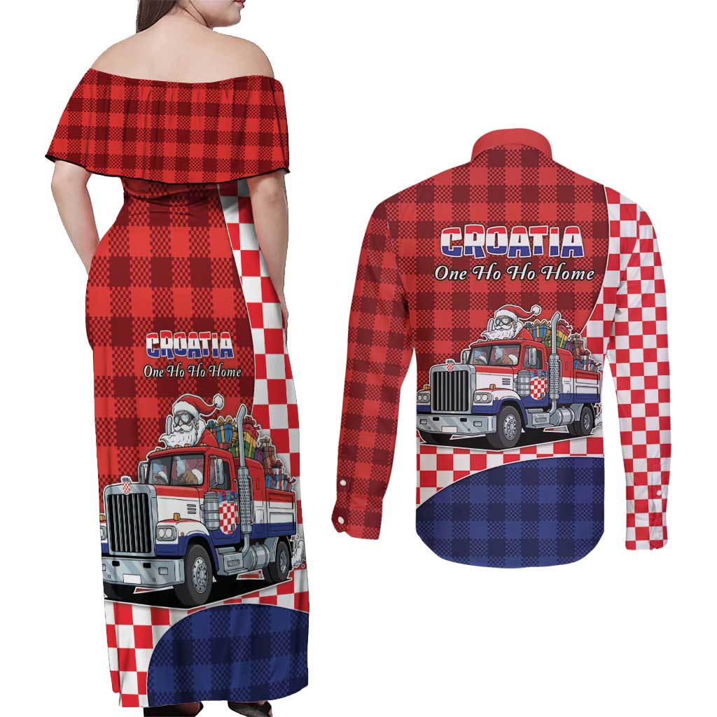 Croatia Christmas Couples Matching Off Shoulder Maxi Dress and Long Sleeve Button Shirt Santa Claus Drives Home With Gifts - Wonder Print Shop
