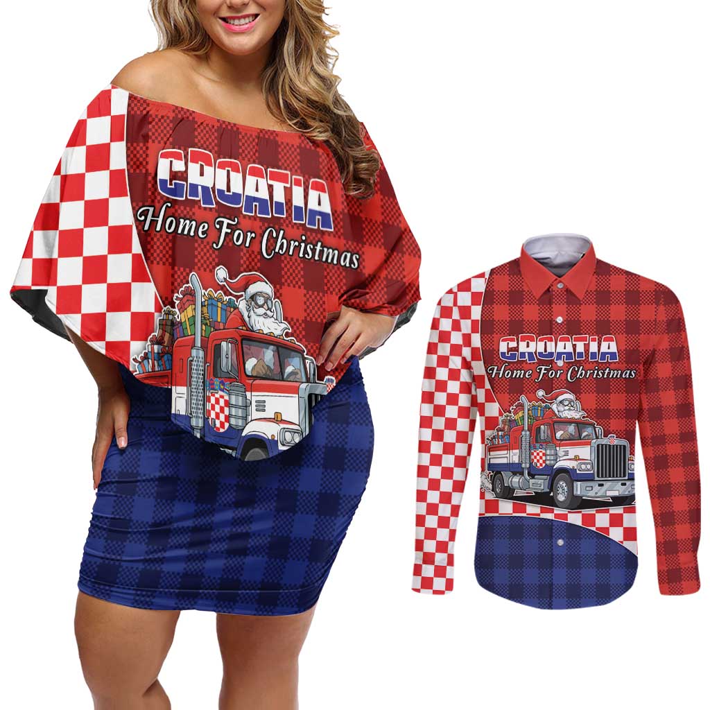 Croatia Christmas Couples Matching Off Shoulder Short Dress and Long Sleeve Button Shirt Santa Claus Drives Home With Gifts - Wonder Print Shop