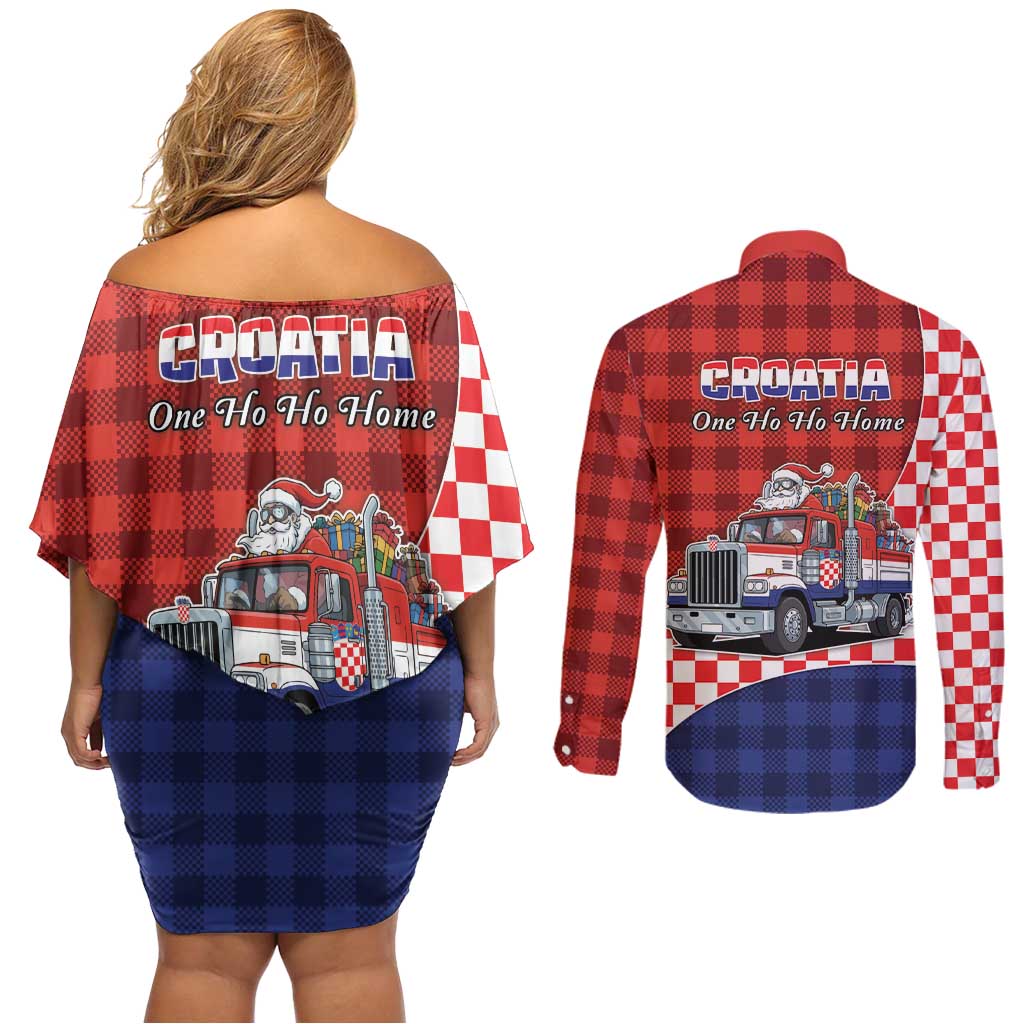 Croatia Christmas Couples Matching Off Shoulder Short Dress and Long Sleeve Button Shirt Santa Claus Drives Home With Gifts - Wonder Print Shop