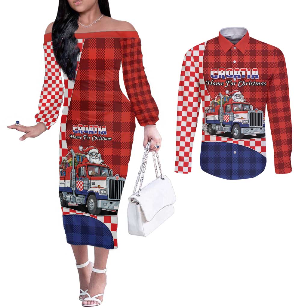 Croatia Christmas Couples Matching Off The Shoulder Long Sleeve Dress and Long Sleeve Button Shirt Santa Claus Drives Home With Gifts - Wonder Print Shop
