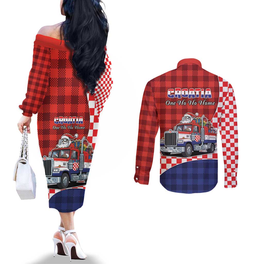 Croatia Christmas Couples Matching Off The Shoulder Long Sleeve Dress and Long Sleeve Button Shirt Santa Claus Drives Home With Gifts - Wonder Print Shop