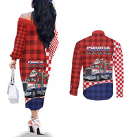Croatia Christmas Couples Matching Off The Shoulder Long Sleeve Dress and Long Sleeve Button Shirt Santa Claus Drives Home With Gifts - Wonder Print Shop