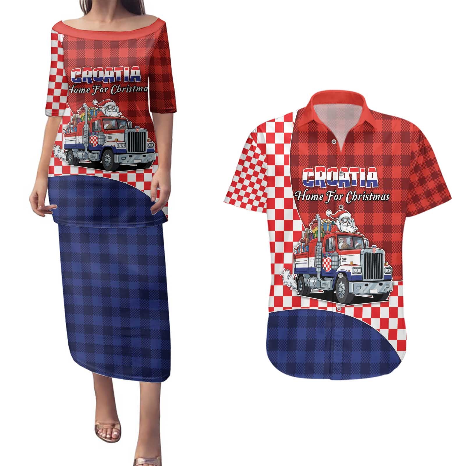 Croatia Christmas Couples Matching Puletasi and Hawaiian Shirt Santa Claus Drives Home With Gifts - undefined