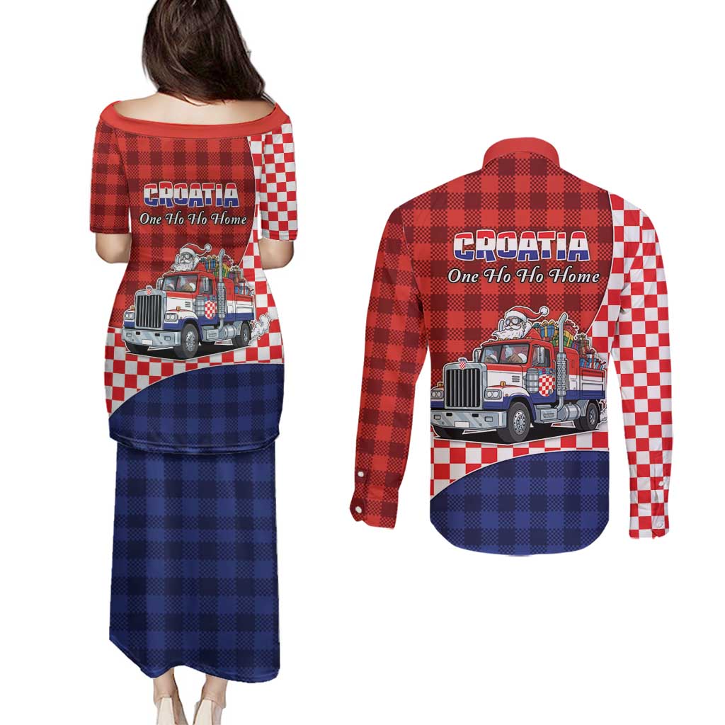 Croatia Christmas Couples Matching Puletasi and Long Sleeve Button Shirt Santa Claus Drives Home With Gifts - Wonder Print Shop