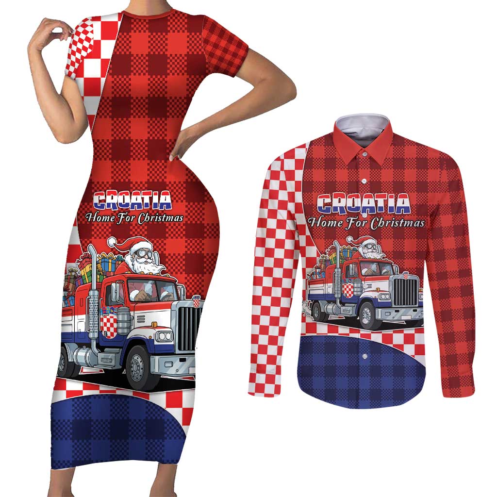 Croatia Christmas Couples Matching Short Sleeve Bodycon Dress and Long Sleeve Button Shirt Santa Claus Drives Home With Gifts - Wonder Print Shop