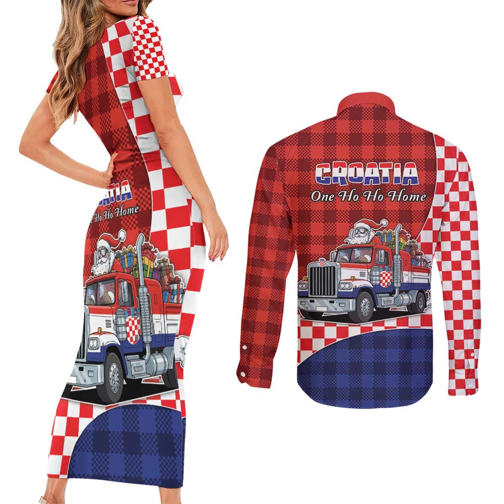Croatia Christmas Couples Matching Short Sleeve Bodycon Dress and Long Sleeve Button Shirt Santa Claus Drives Home With Gifts - Wonder Print Shop