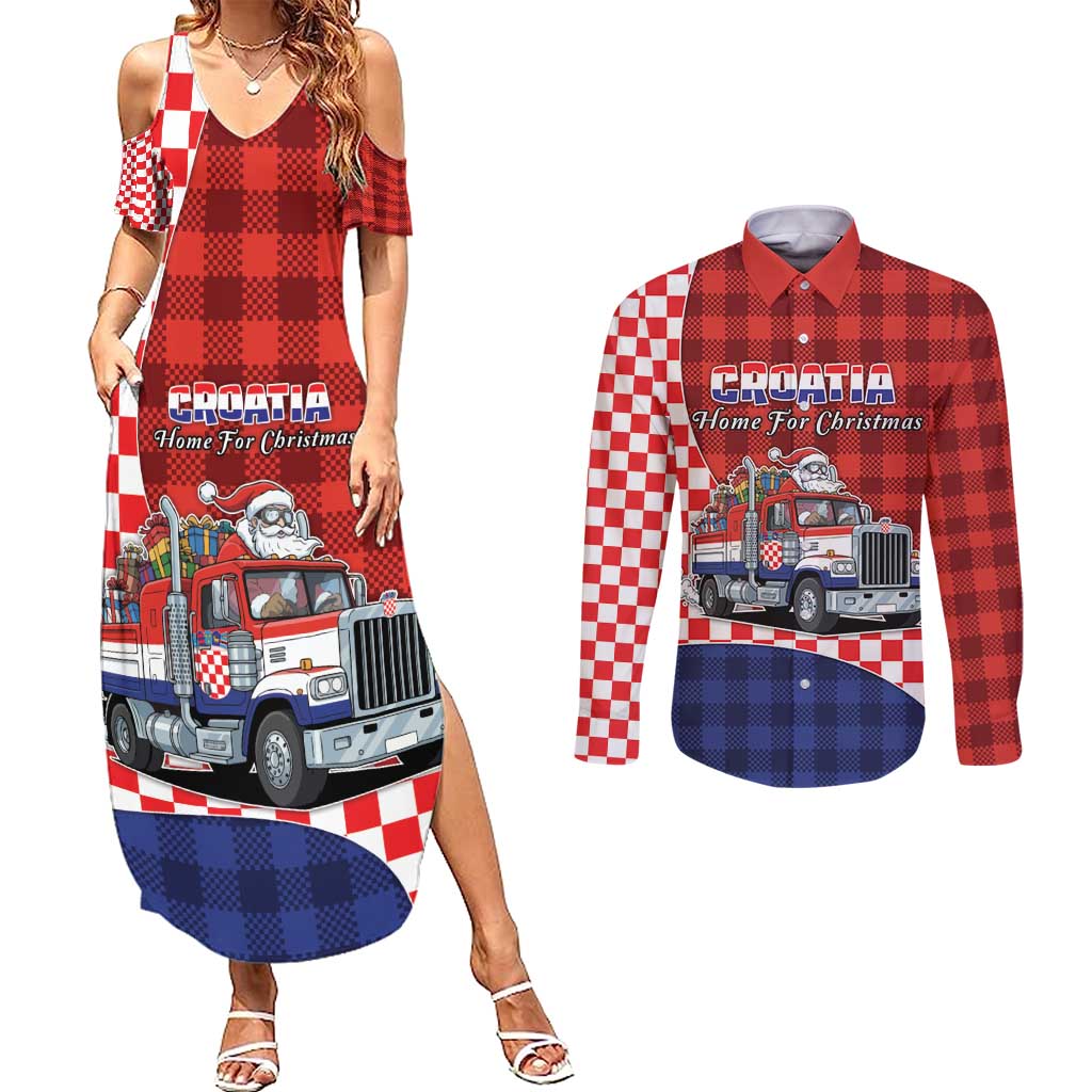 Croatia Christmas Couples Matching Summer Maxi Dress and Long Sleeve Button Shirt Santa Claus Drives Home With Gifts - Wonder Print Shop