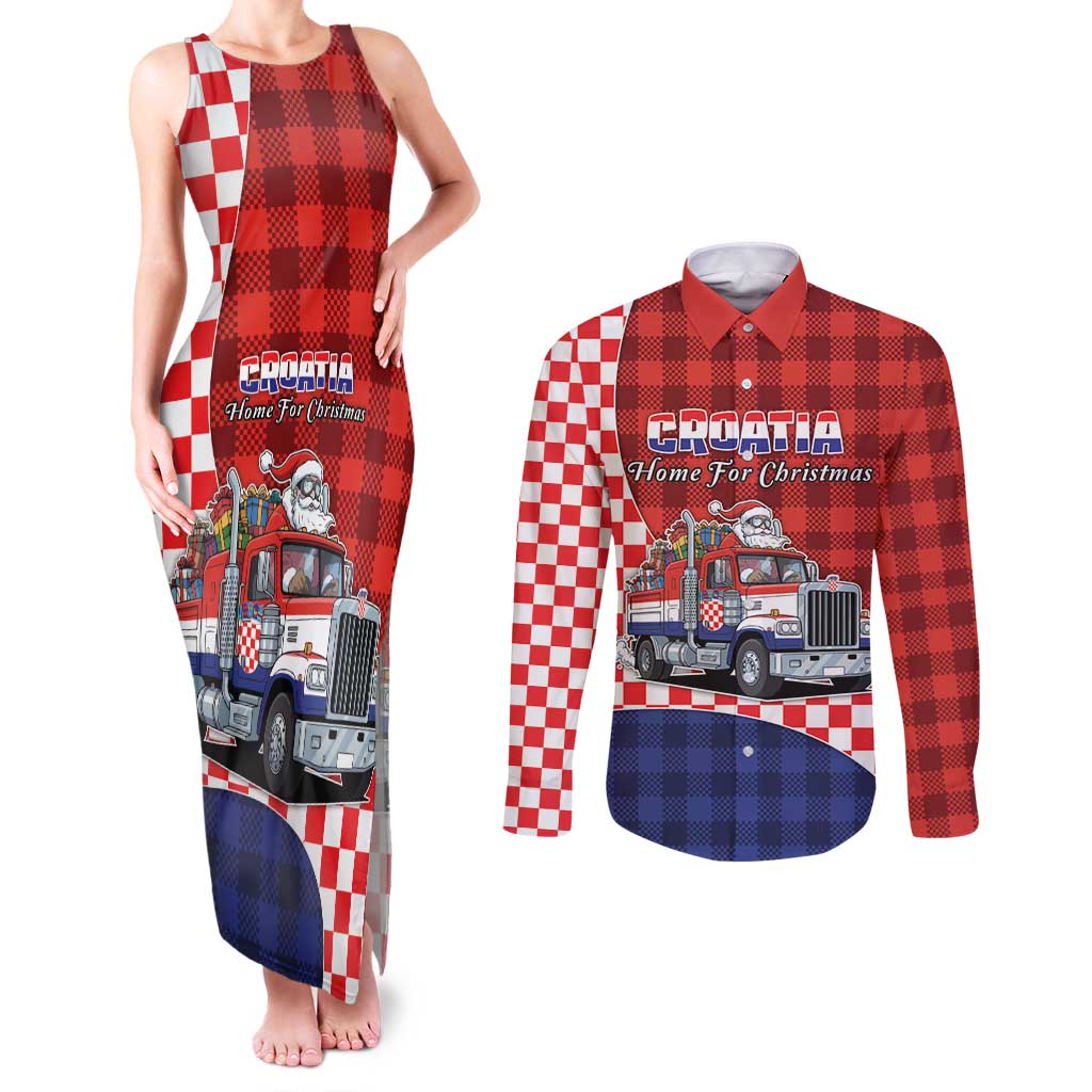 Croatia Christmas Couples Matching Tank Maxi Dress and Long Sleeve Button Shirt Santa Claus Drives Home With Gifts - Wonder Print Shop