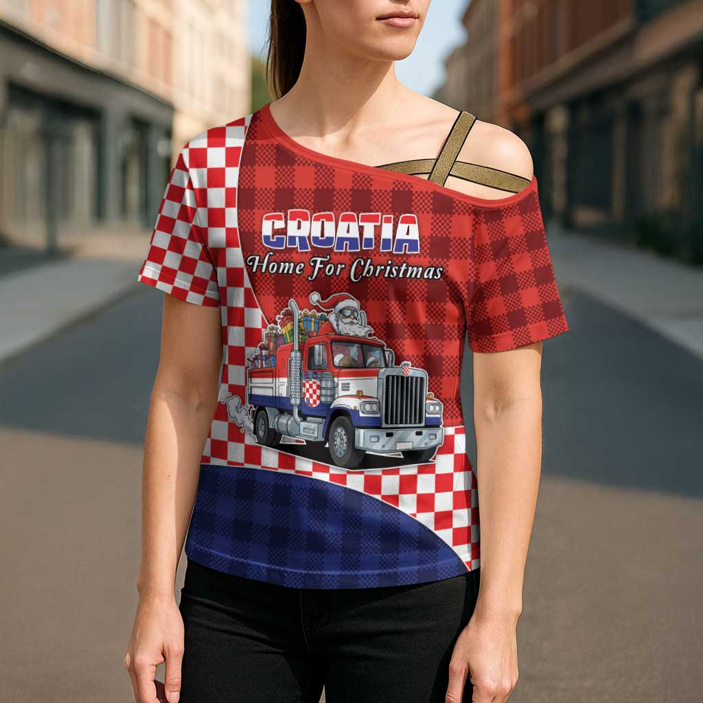 Croatia Christmas Cross Shoulder Shirt Santa Claus Drives Home With Gifts - Wonder Print Shop