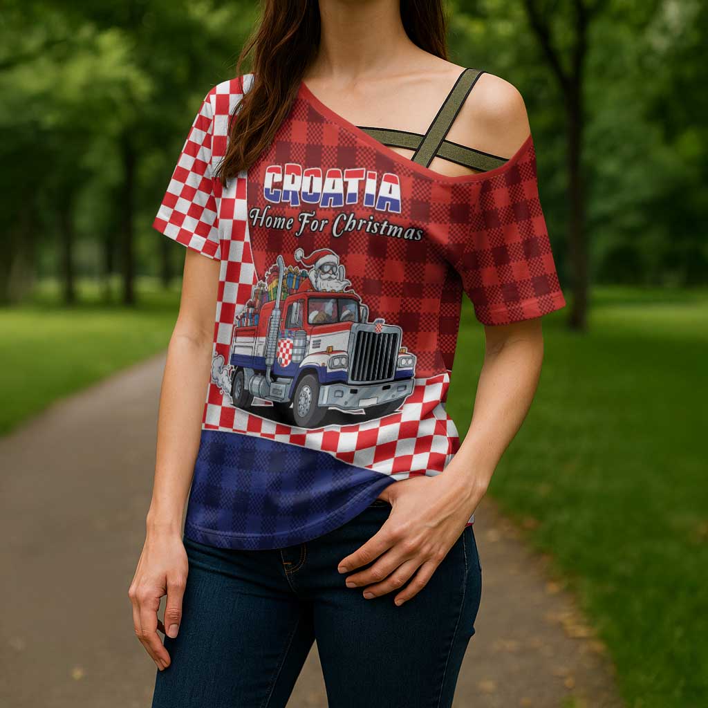 Croatia Christmas Cross Shoulder Shirt Santa Claus Drives Home With Gifts - Wonder Print Shop