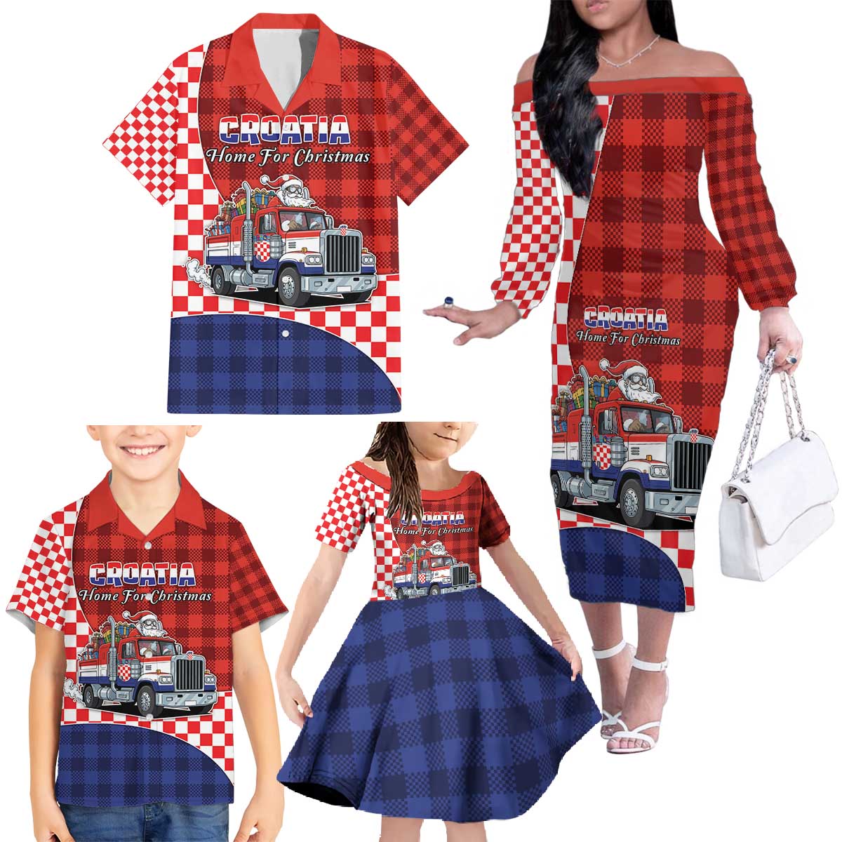 Croatia Christmas Family Matching Off The Shoulder Long Sleeve Dress and Hawaiian Shirt Santa Claus Drives Home With Gifts - Wonder Print Shop
