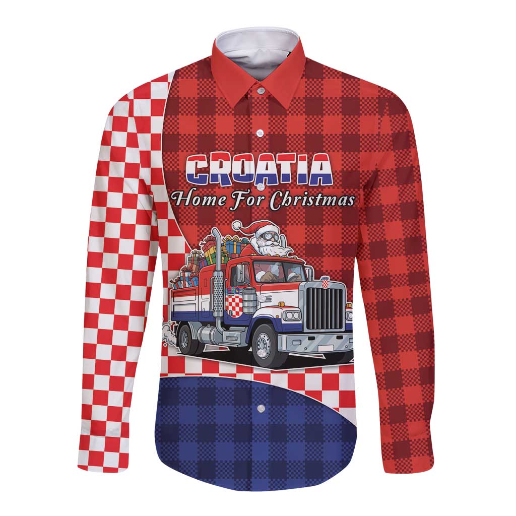 Croatia Christmas Long Sleeve Button Shirt Santa Claus Drives Home With Gifts - Wonder Print Shop